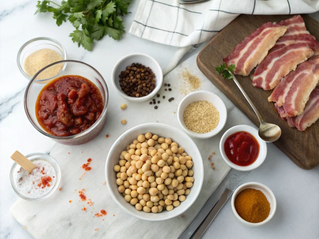 Ingredients for baked beans recipes neatly arranged on a marble countertop.