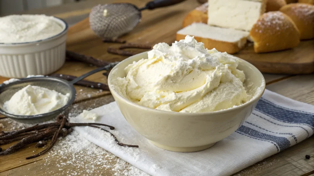 Delicious homemade cream cheese filling ready to be used in cakes and pastries, with powdered sugar and vanilla extract ingredients scattered around.