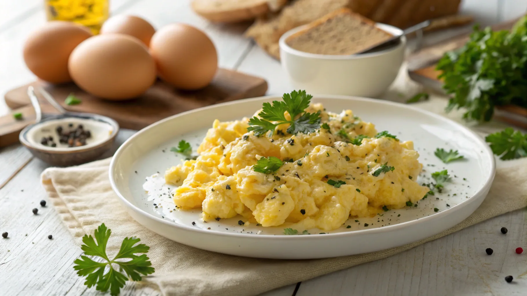 Delicious scrambled cottage cheese eggs served on a white plate, garnished with parsley and pepper. A protein-packed, creamy breakfast dish.