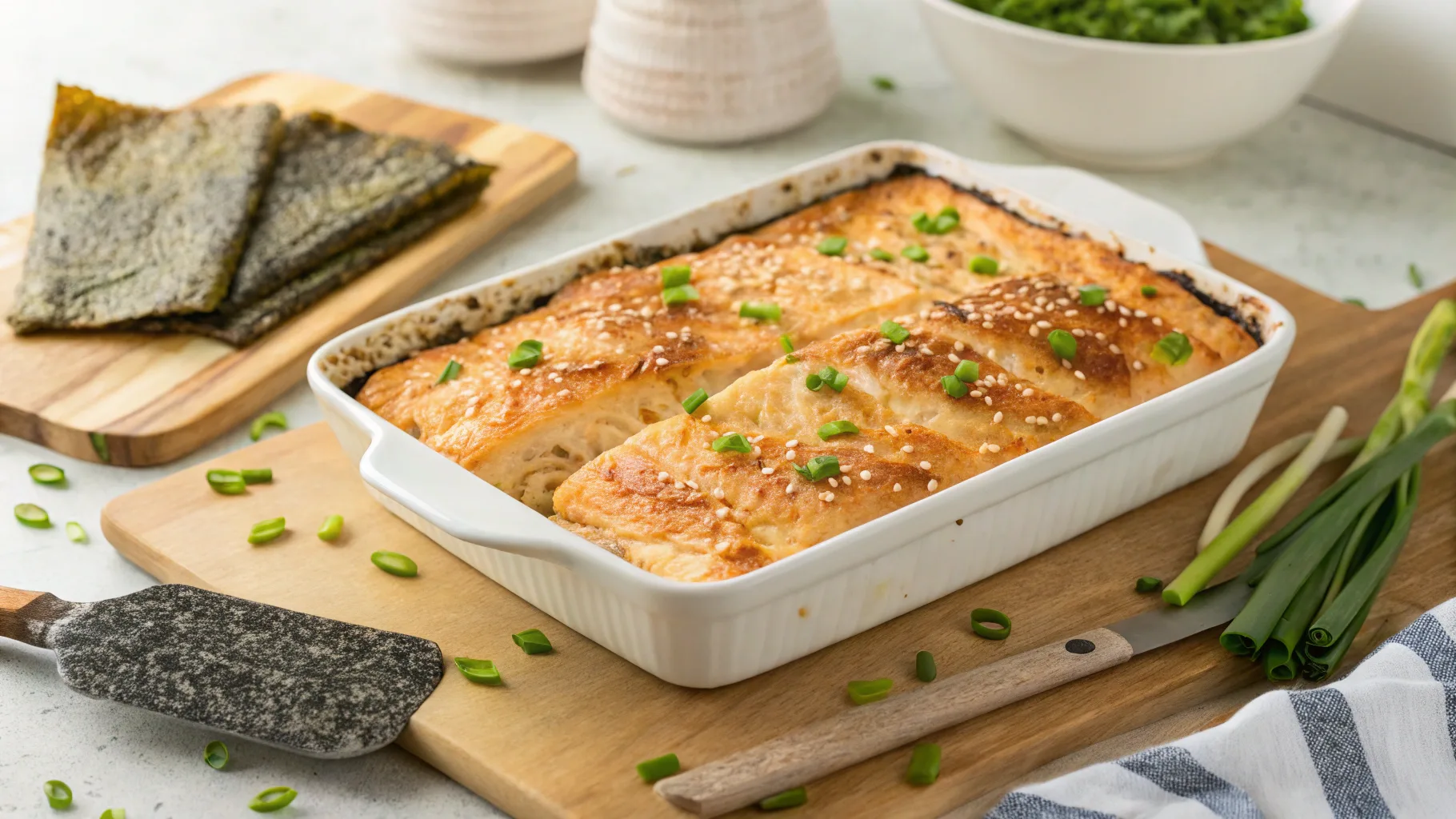 Overhead view of a freshly baked salmon sushi bake garnished with sesame seeds and green onions.