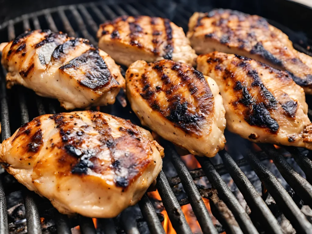 Grilled chicken breast on the grill with visible grill marks, prepared for a grilled chicken alfredo dish.