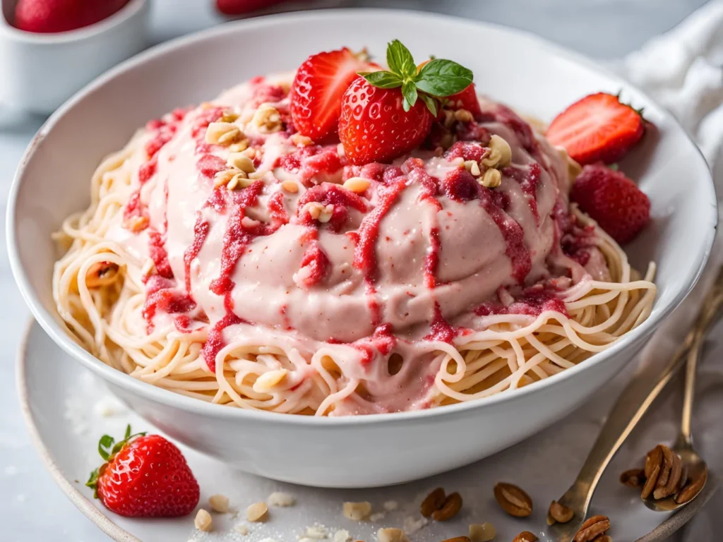 Health-conscious version of spaghetti ice cream with dairy-free ice cream and sugar-free strawberry sauce, topped with coconut flakes and nuts for a lighter dessert option.