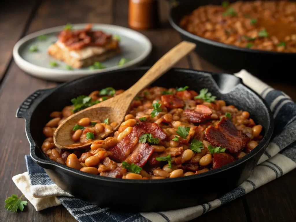 A cast-iron skillet of homemade baked beans with bacon garnish, served fresh and inviting.