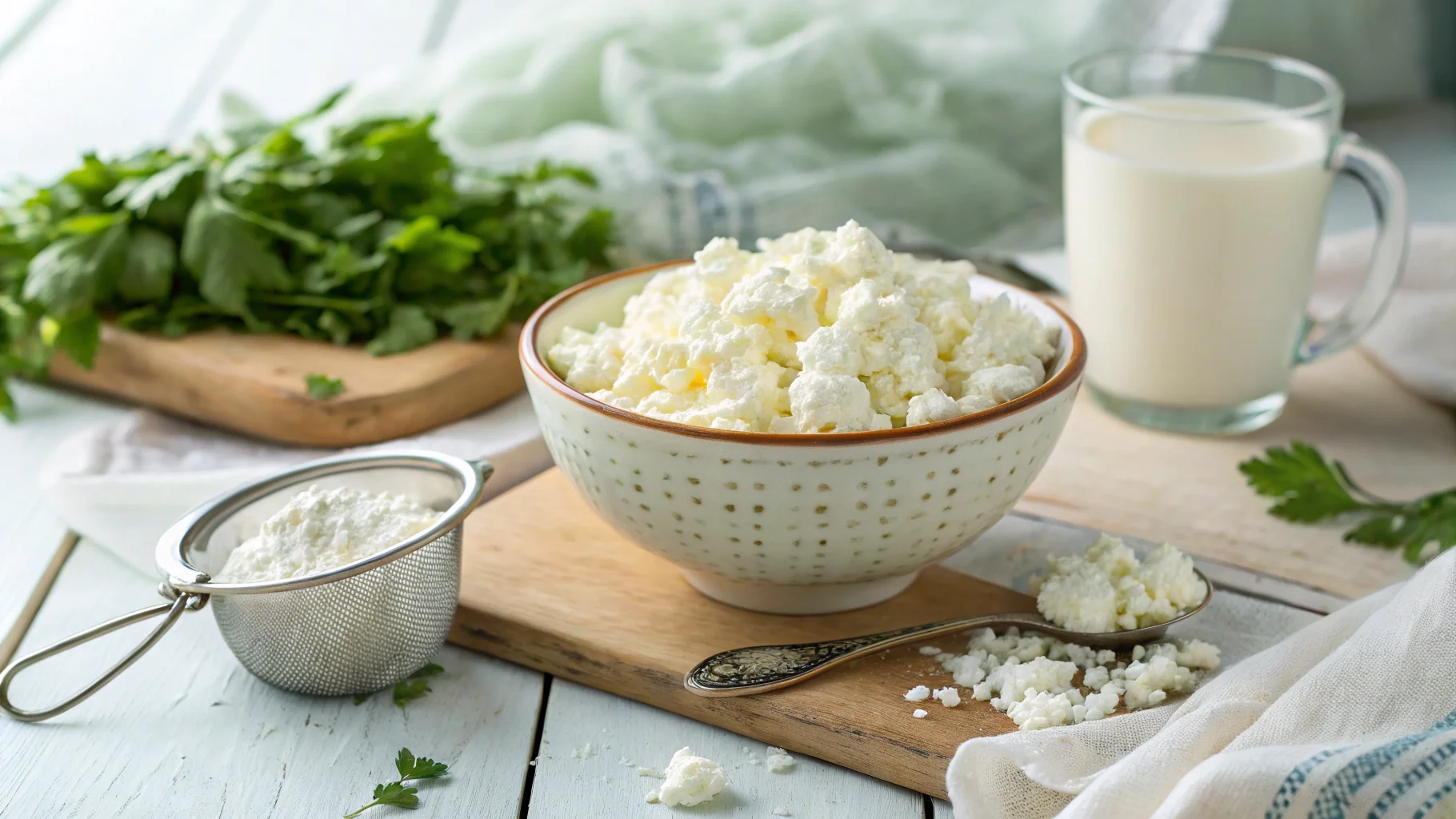 Bowl of cottage cheese with a strainer and cheesecloth in a rustic kitchen setting.