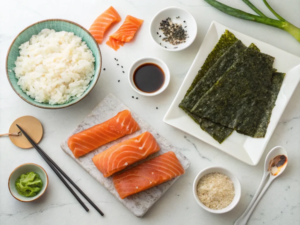 Ingredients for salmon sushi bake, including rice, salmon, cream cheese, mayo, and seaweed sheets.