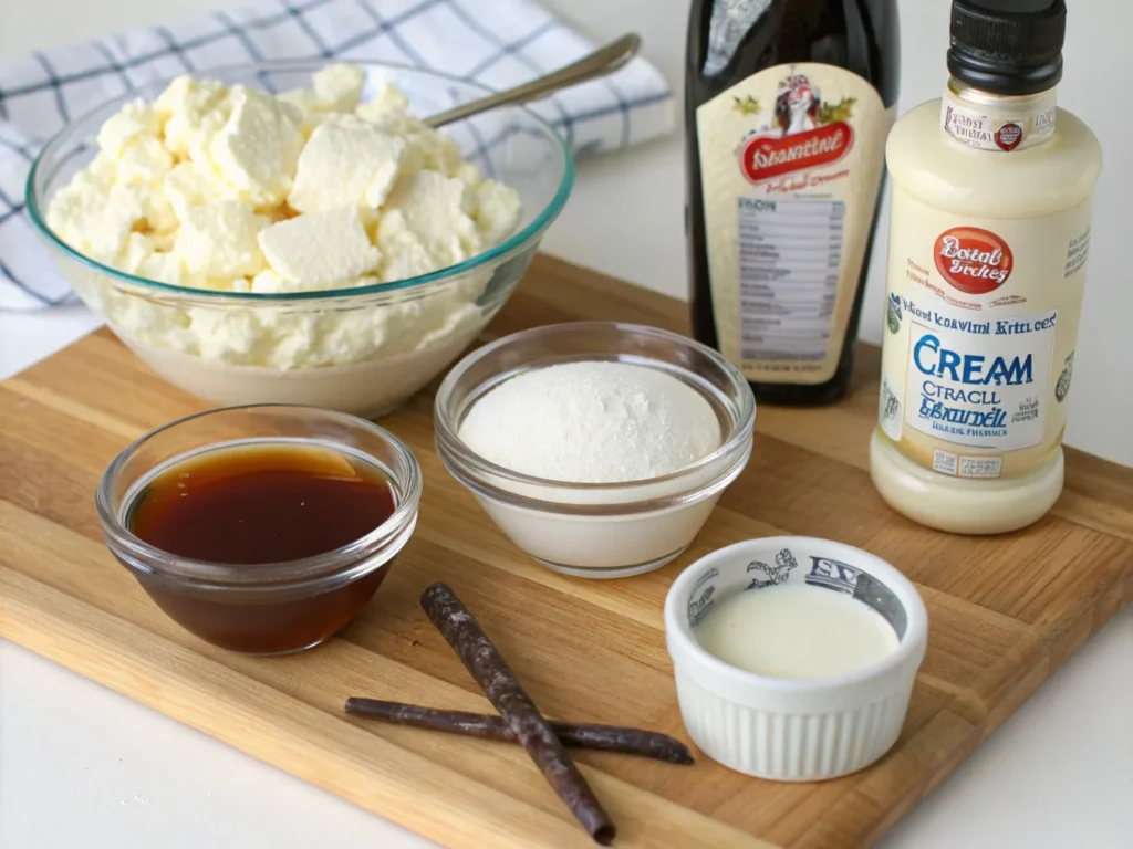 Key ingredients for making cream cheese filling: block of cream cheese, butter, powdered sugar, and vanilla extract on a kitchen countertop.