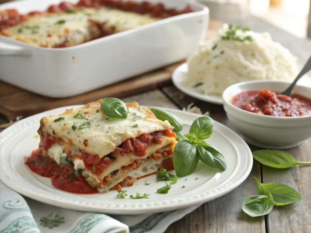 A slice of homemade lasagna featuring layers of drained cottage cheese and marinara sauce.