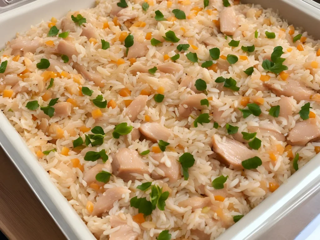 Layering uncooked rice and boneless chicken breasts for the forgotten chicken recipe, showcasing the ingredients before baking.