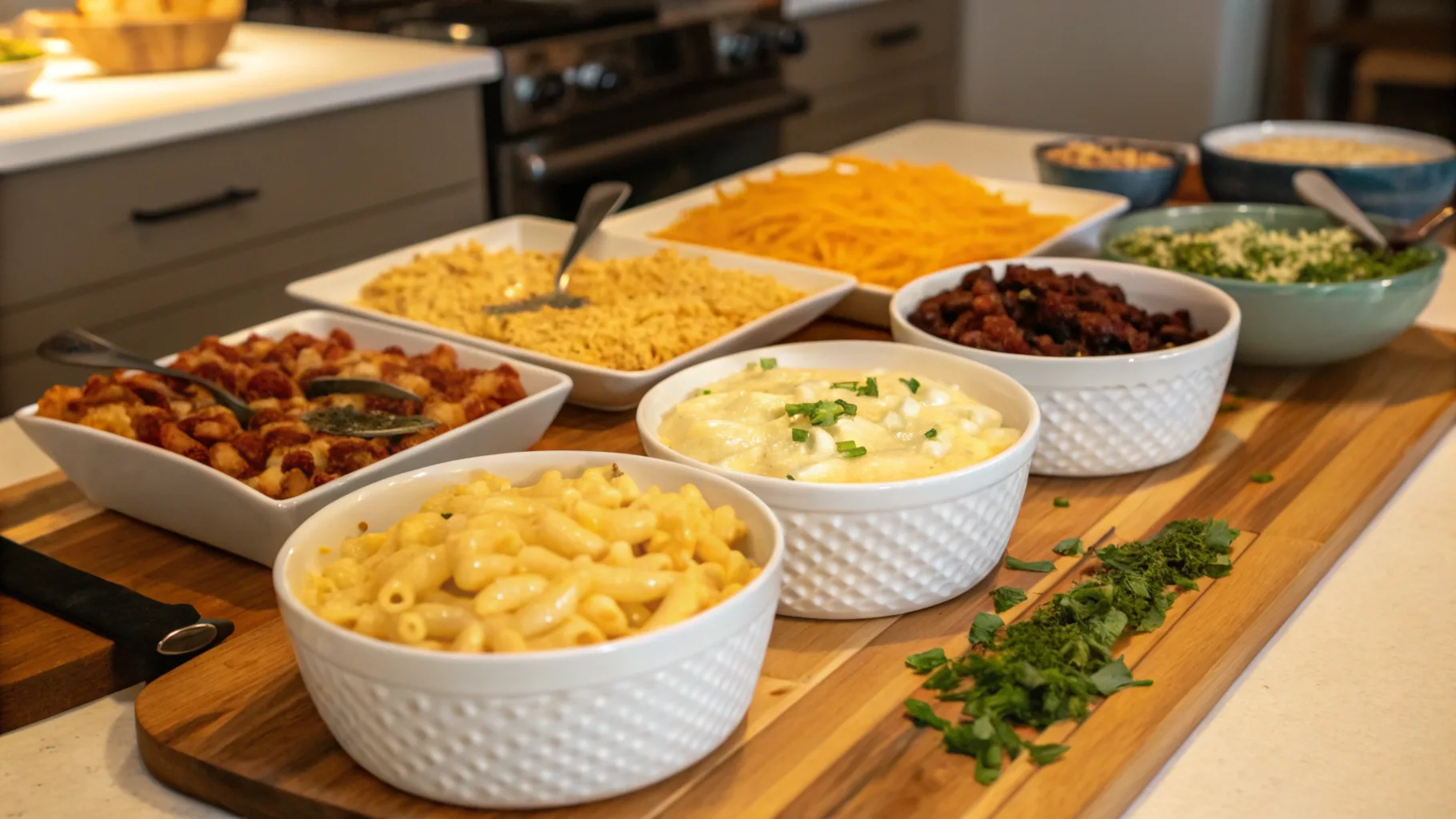 Delicious and customizable mac and cheese bar setup with a variety of cheeses, pasta types, and toppings like crispy bacon, sautéed mushrooms, and fresh herbs for an unforgettable meal.