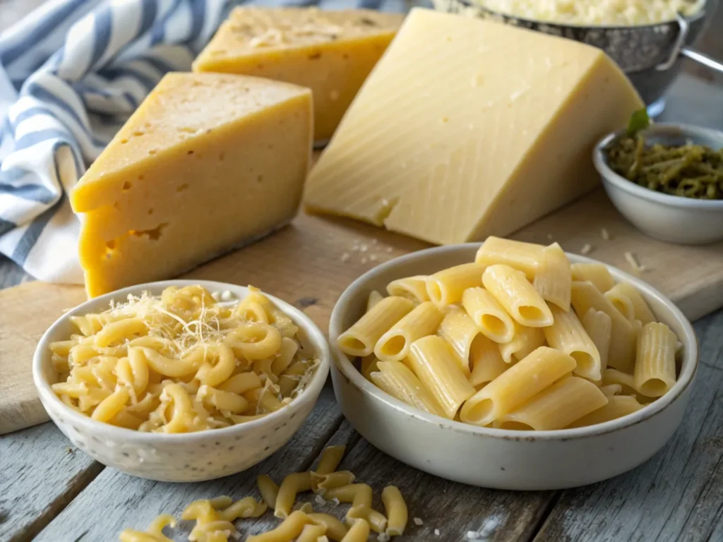 Fresh ingredients for a mac and cheese bar including cheddar, gouda, mozzarella cheeses, and various pasta types like elbow macaroni and penne, ready to be used for a homemade mac and cheese bar.