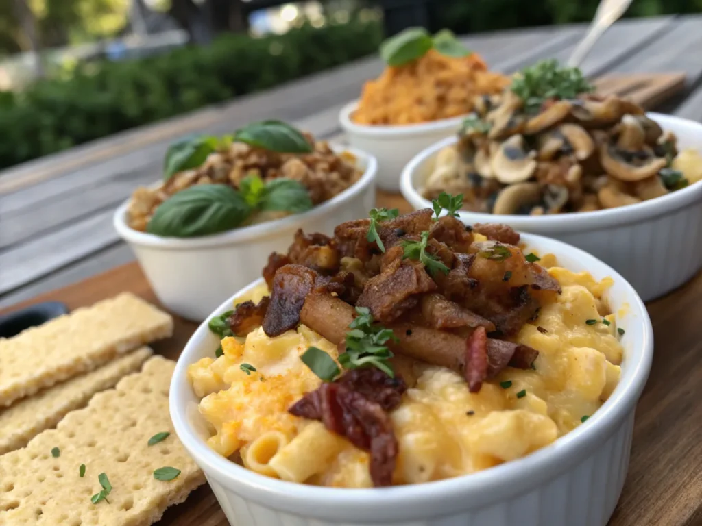 Customizable toppings for a mac and cheese bar, featuring crispy bacon bits, sautéed mushrooms, fresh herbs, and crumbled crackers for added flavor and texture.