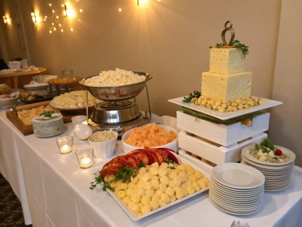 Elegant mac and cheese bar setup for a wedding, showcasing gourmet cheeses, lobster meat, microgreens, and other luxurious toppings to complement the celebratory atmosphere.