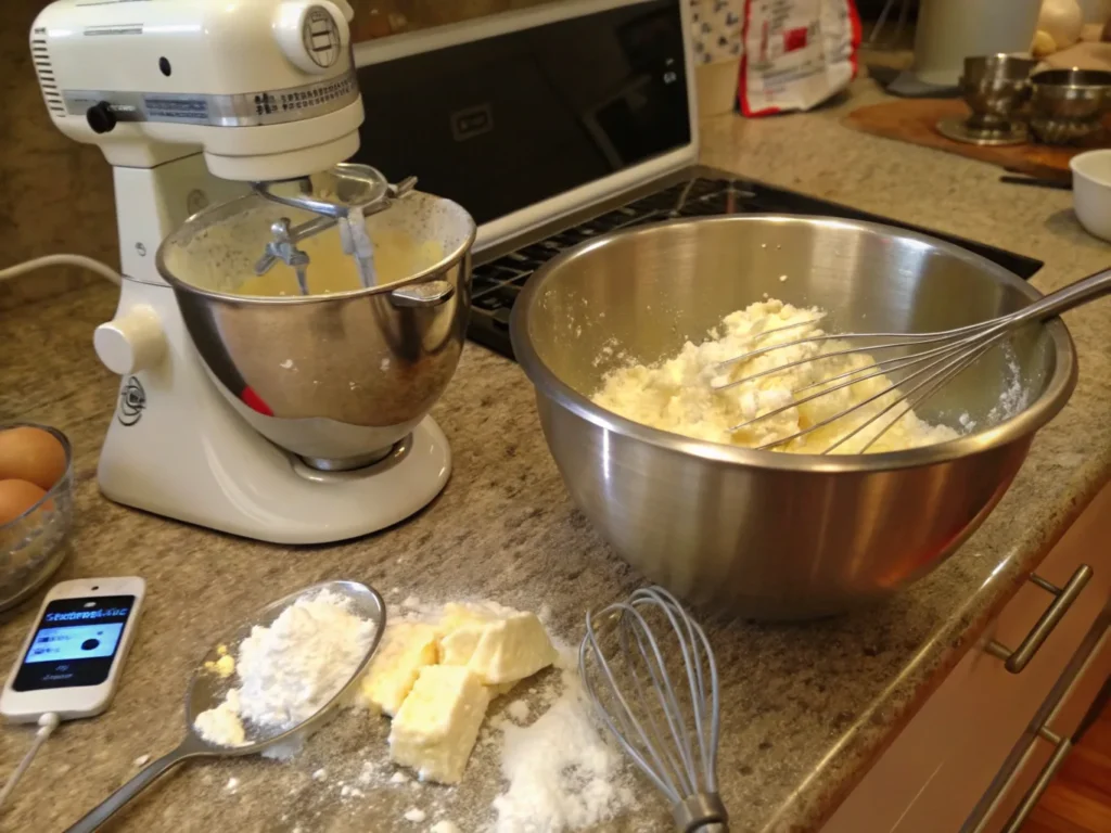 Mixing cream cheese filling in a stand mixer with butter and powdered sugar, capturing the process of making smooth and creamy frosting.