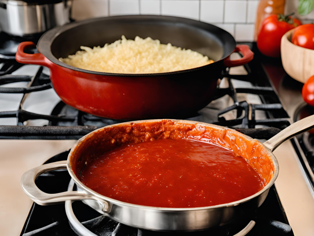 Homemade red enchilada sauce simmering on the stove with tomatoes, garlic, and dried chilies, part of the boulders enchilada recipe.