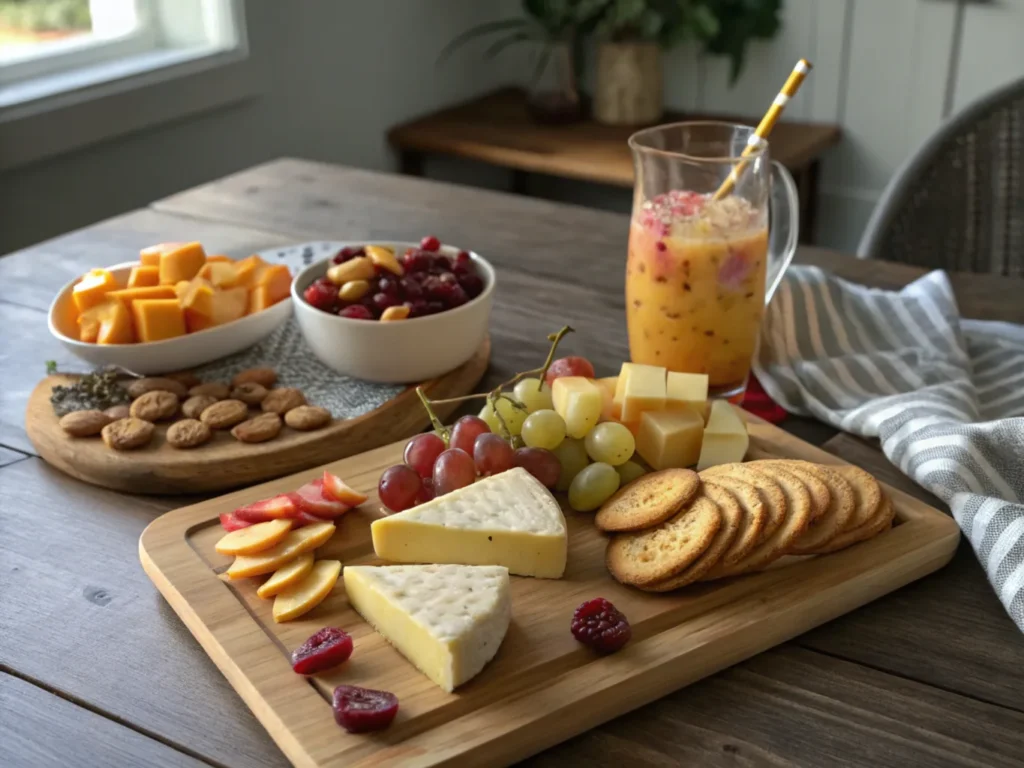 A cheese and charcuterie board paired with Mangria, illustrating perfect food pairings for the recipe for Mangria.