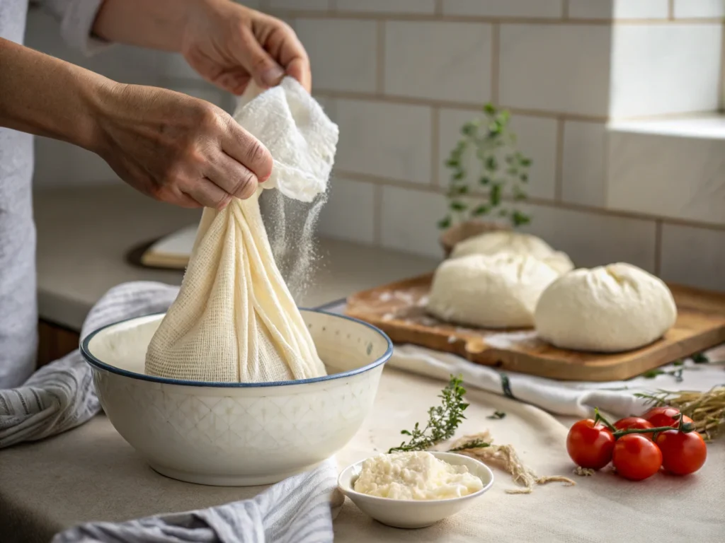 Hands squeezing cottage cheese in a cheesecloth to remove liquid.