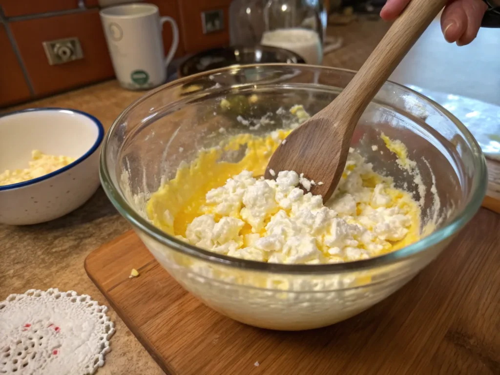 Mixing eggs and cottage cheese in a glass bowl, preparing a protein-rich scrambled eggs recipe for a healthy breakfast.