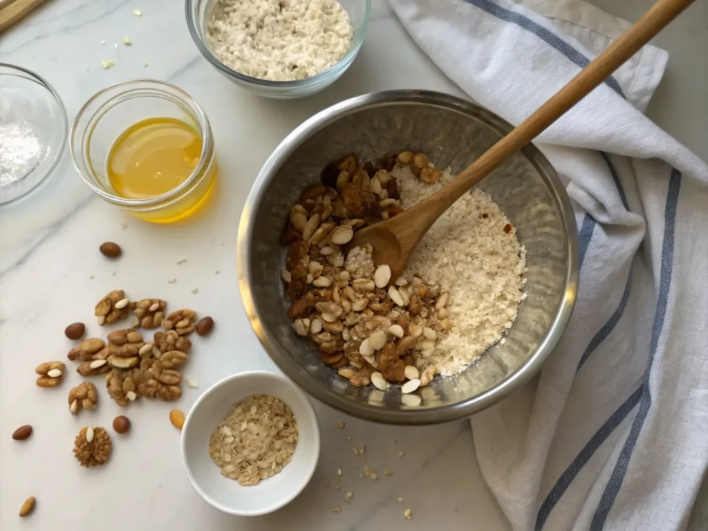 Overhead shot of oats, chopped almonds, walnuts, honey, and coconut oil mixed together to make a delicious vanilla nut granola recipe.