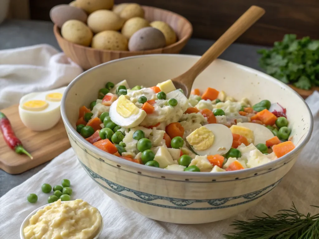 Stirring the ingredients for Dominican potato salad in a large mixing bowl, including potatoes, carrots, peas, eggs, and mayonnaise.