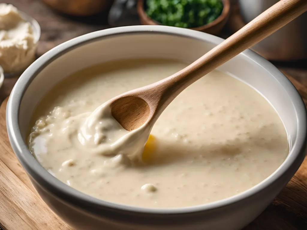 Whisking cream of chicken soup and water to create the creamy sauce for the forgotten chicken casserole recipe.