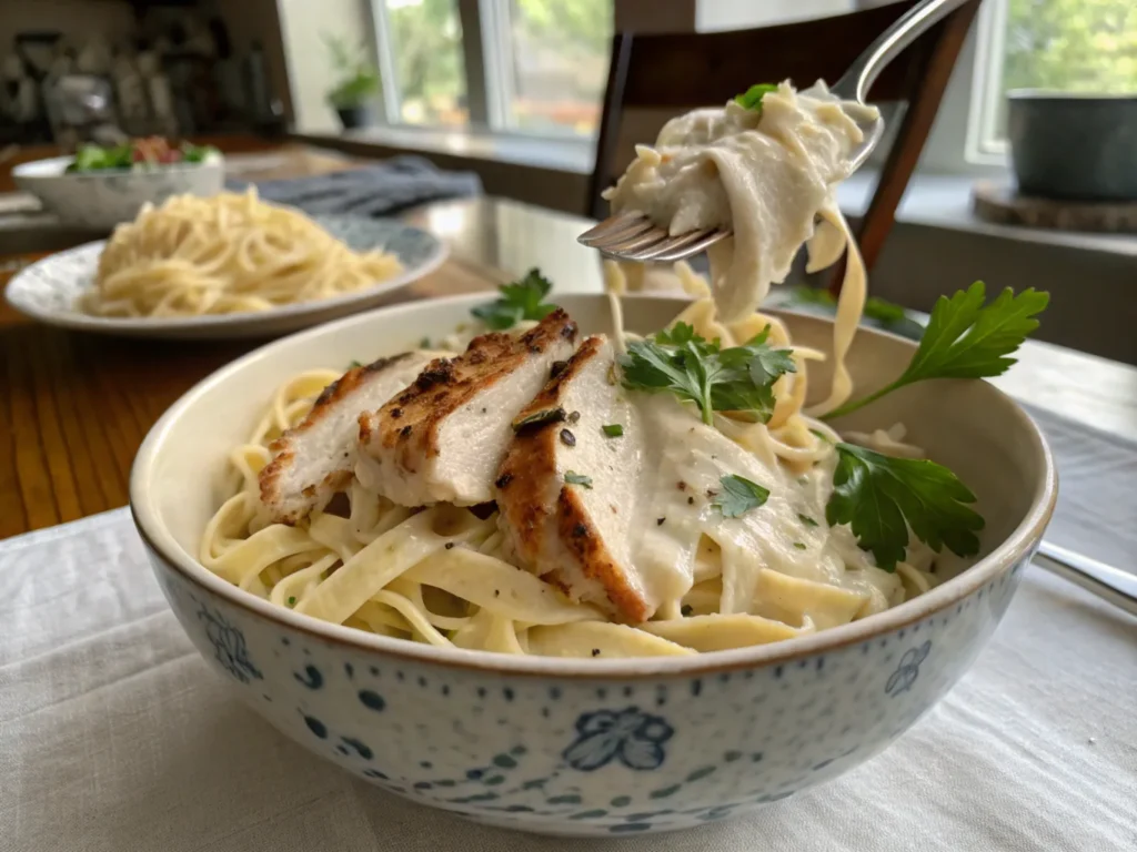 Fettuccine pasta topped with grilled chicken slices and creamy alfredo sauce, mixed together for a delicious grilled chicken alfredo dish.