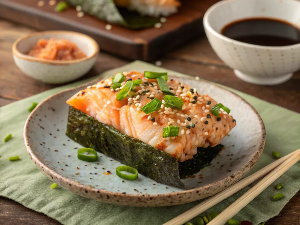 A portion of salmon sushi bake served on a seaweed sheet with sesame seeds and green onions.