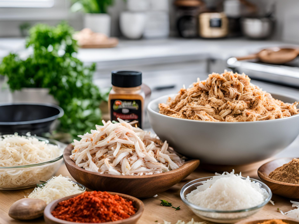 Shredded chicken, onions, and spices arranged on a kitchen counter, ready for the boulders enchilada recipe filling preparation.