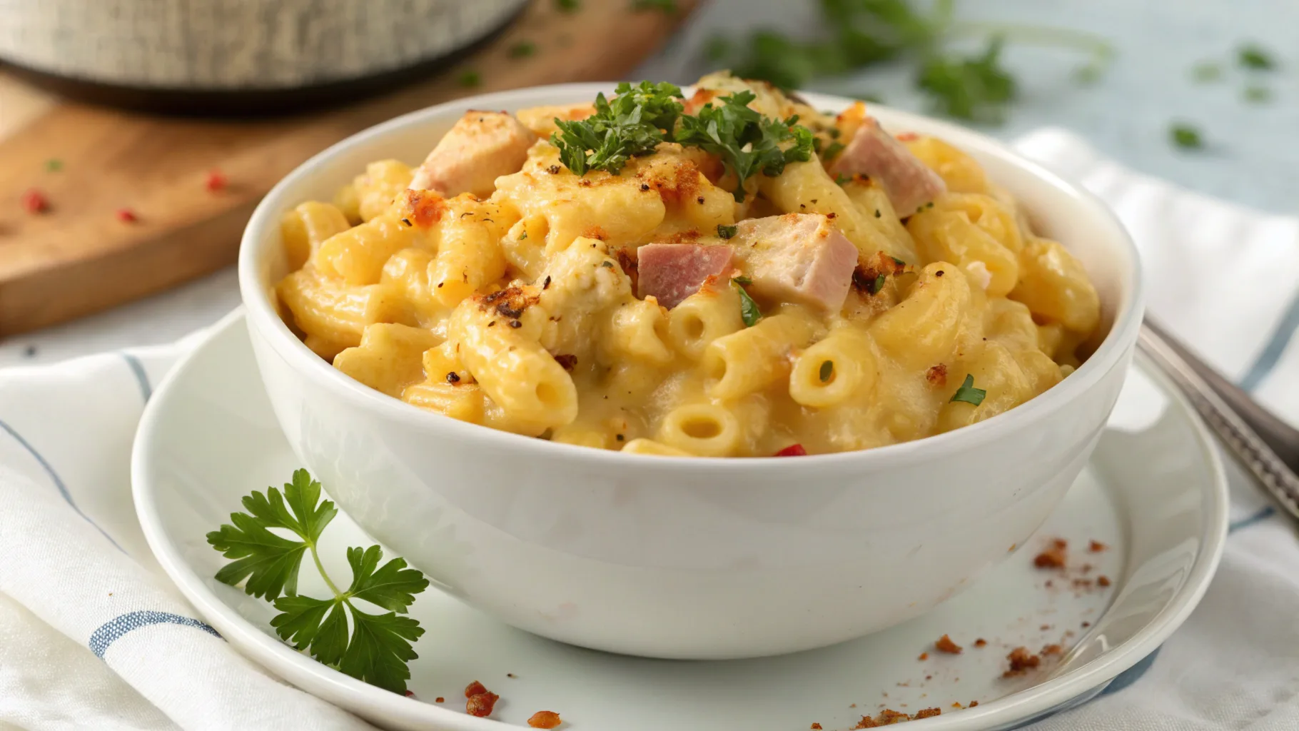 Protein mac and cheese with grilled chicken, creamy sauce, and a sprinkle of cheddar cheese, showcasing a healthy, protein-packed meal