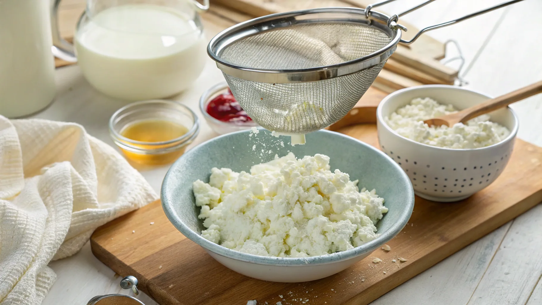 Strainer draining cottage cheese into a bowl for a smoother texture.