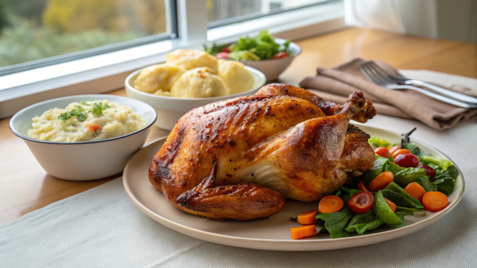 Delicious final dish of leftover rotisserie chicken served with roasted vegetables and mashed potatoes, showcasing how to enjoy leftover rotisserie chicken in a complete meal.