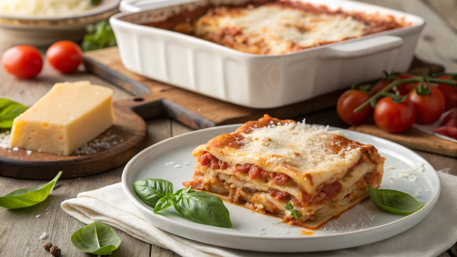 Freshly baked lasagna with cottage cheese and golden crust, served on a rustic table.