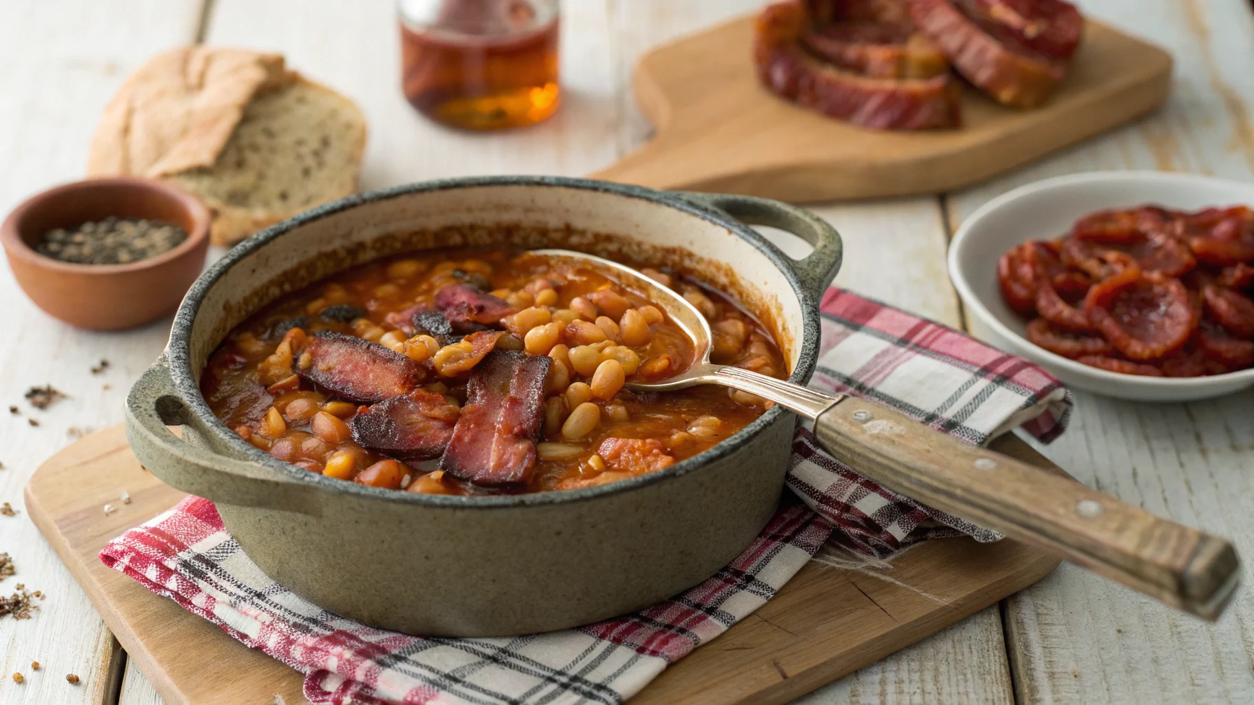 Rustic pot of baked beans with smoky bacon on a wooden table.