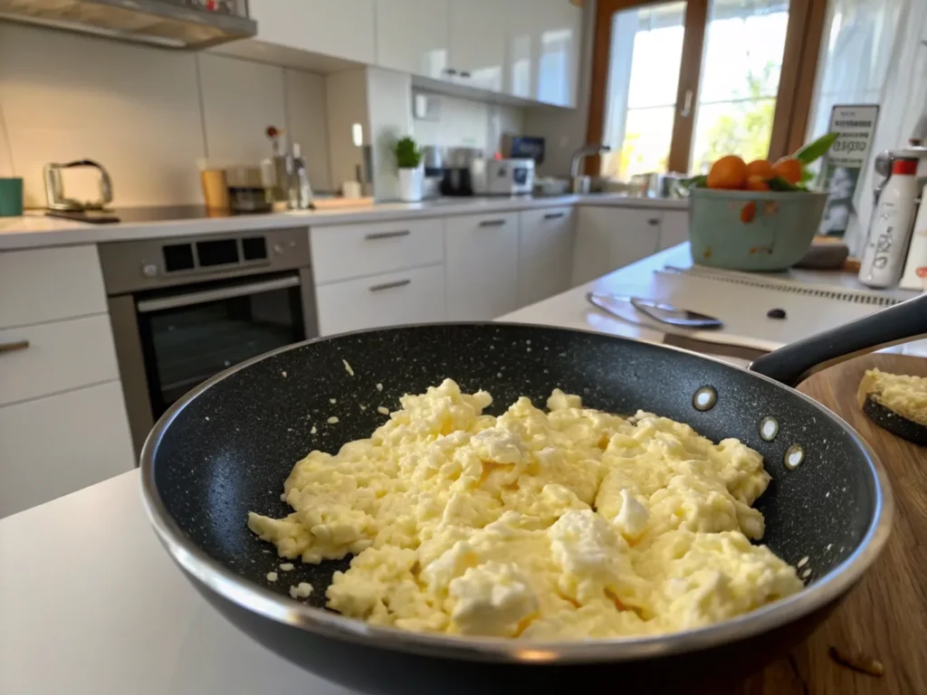 Scrambled eggs with cottage cheese cooking in a non-stick pan, creating a creamy and protein-packed breakfast dish.