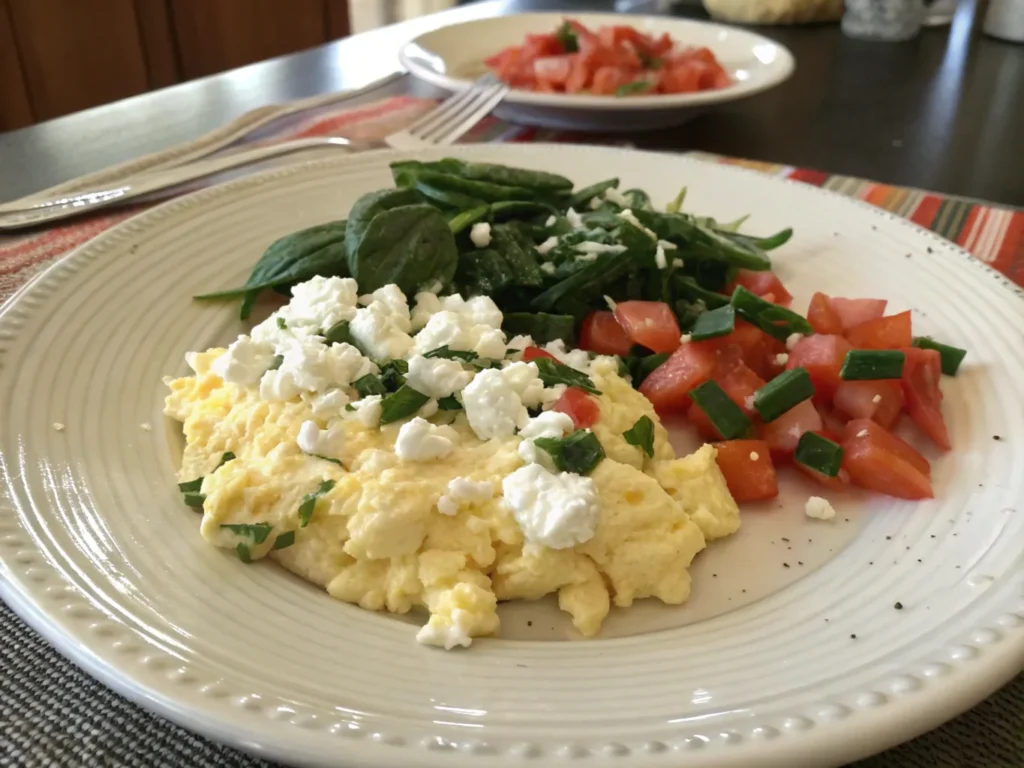 Scrambled cottage cheese eggs served with fresh vegetables like spinach and tomatoes, creating a nutritious and filling meal.