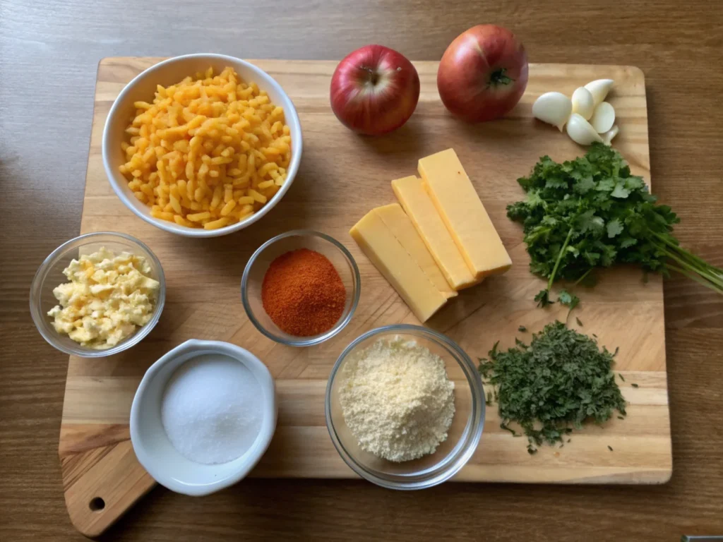 The essential ingredients for smoked mac and cheese, including elbow macaroni, cheddar cheese, gouda, and fresh herbs, laid out on a rustic kitchen counter.