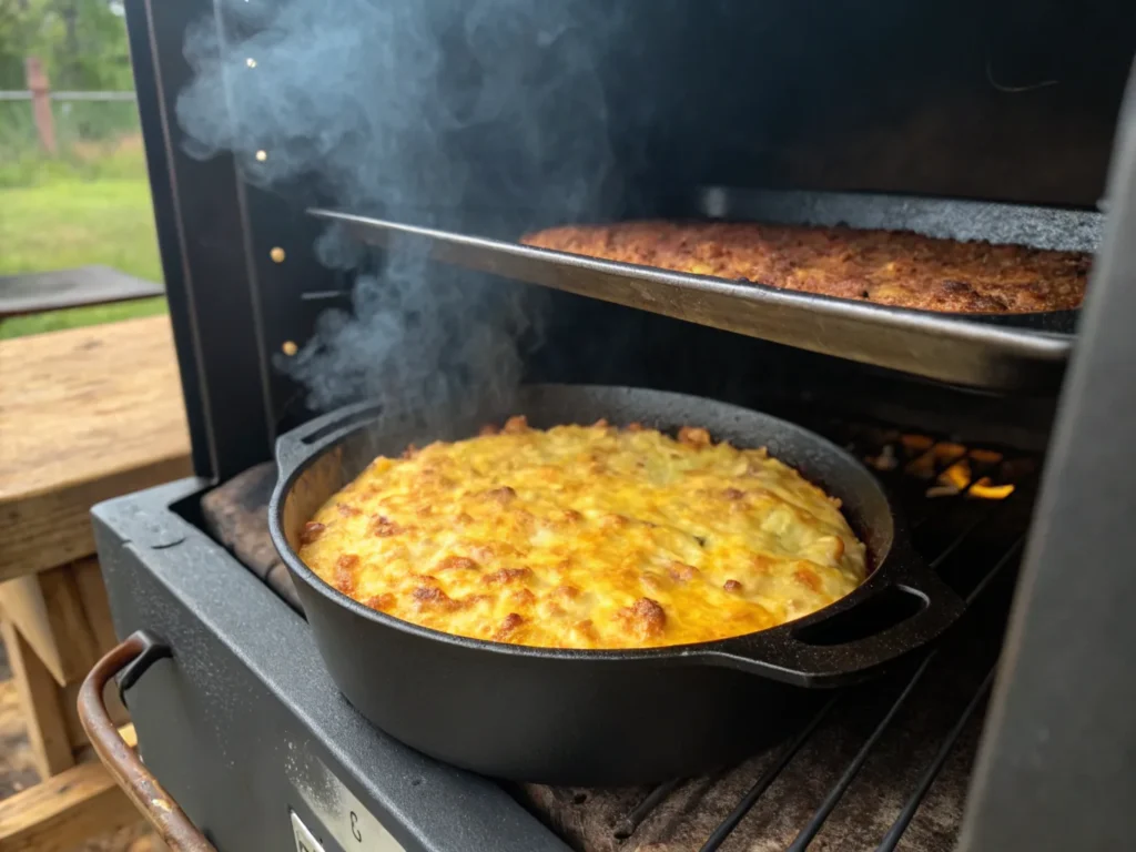 Smoked mac and cheese being prepared inside a smoker, with a golden-brown crust forming on top and smoke rising from the smoker’s vent.