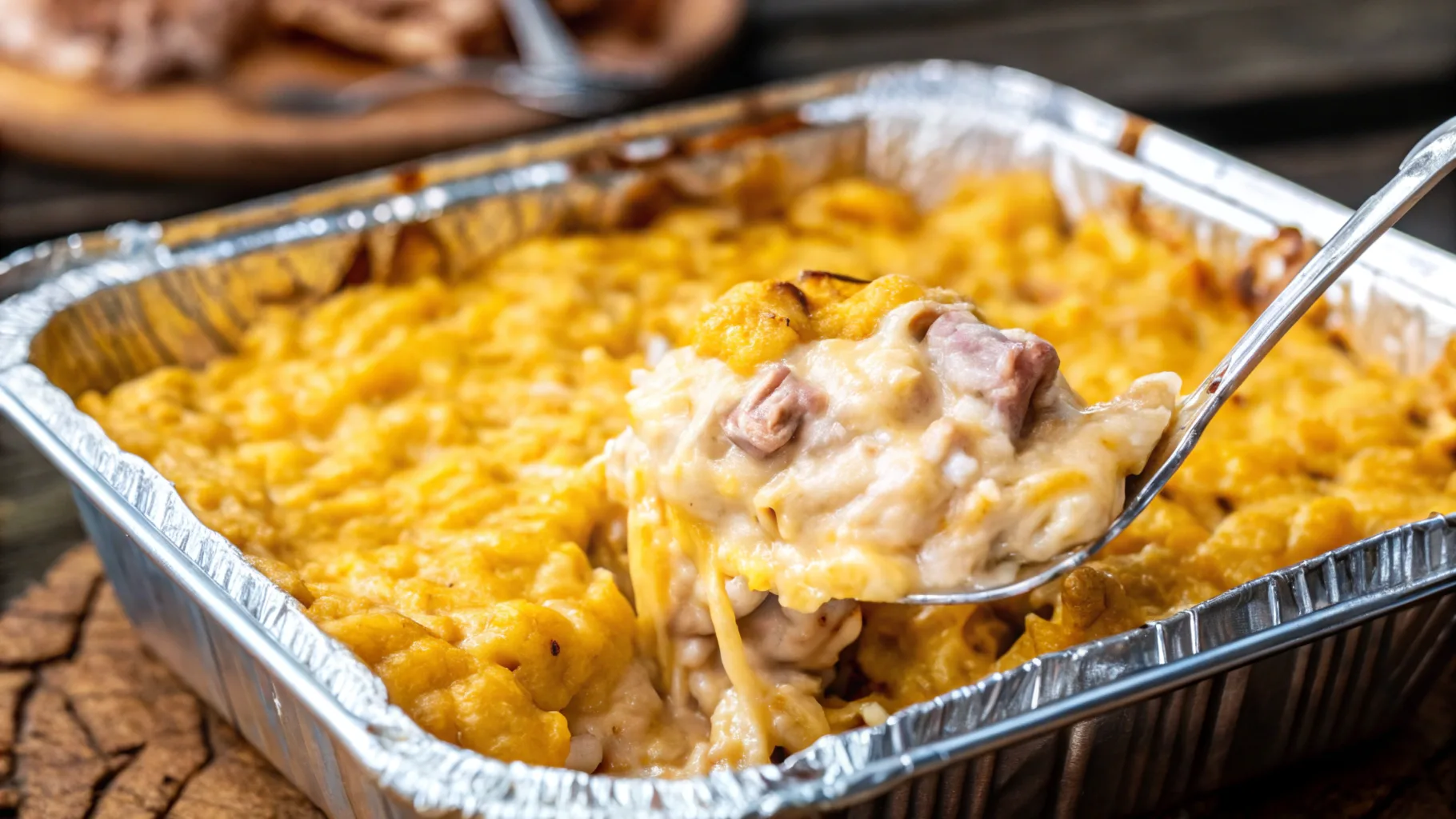 A mouthwatering serving of smoked mac and cheese in a cast-iron skillet with a crispy, golden-brown top and creamy, cheesy texture, perfect for a smoky dinner.