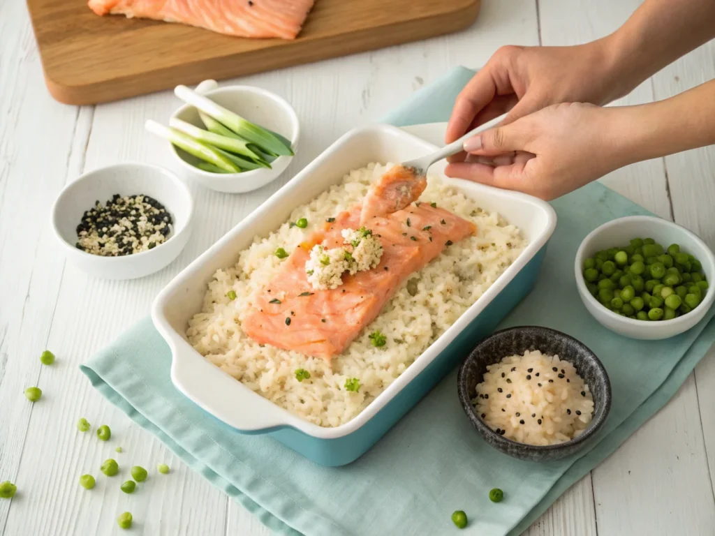  Hands spreading a creamy salmon mixture over seasoned rice in a casserole dish.