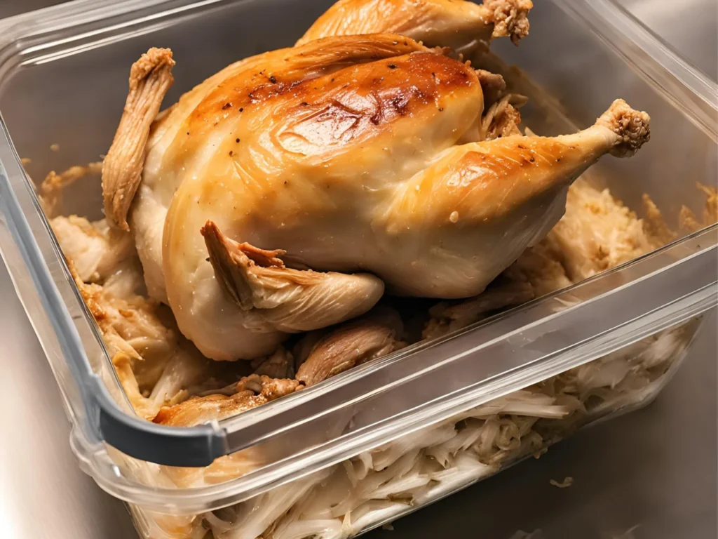 Storing leftover rotisserie chicken in an airtight container in the refrigerator, a crucial step in preserving the freshness and safety of leftover rotisserie chicken.