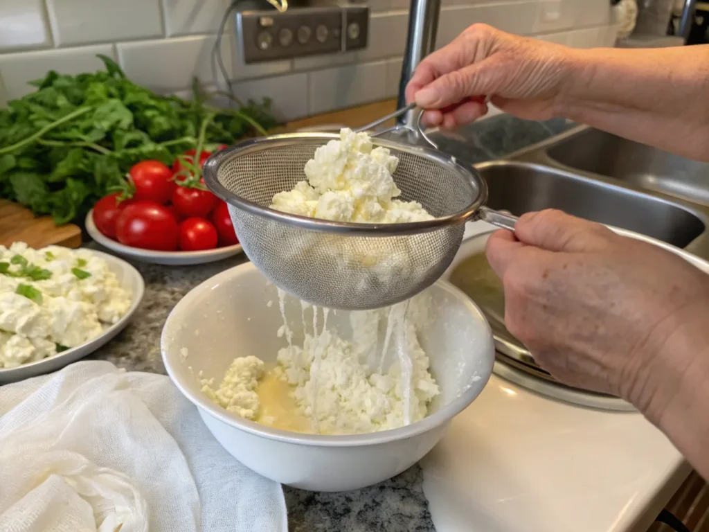 Straining watery cottage cheese through a cheesecloth to remove excess liquid, with a focus on curds in a casual kitchen environment.