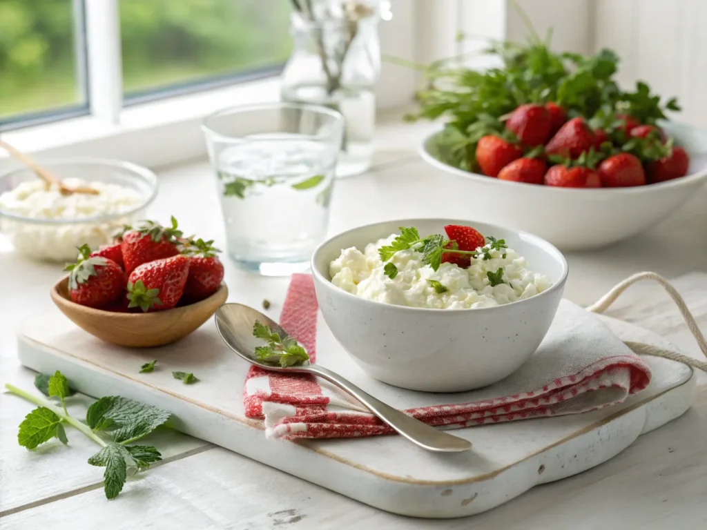 A bowl of cottage cheese with fresh herbs and fruit, emphasizing health and nutrition.