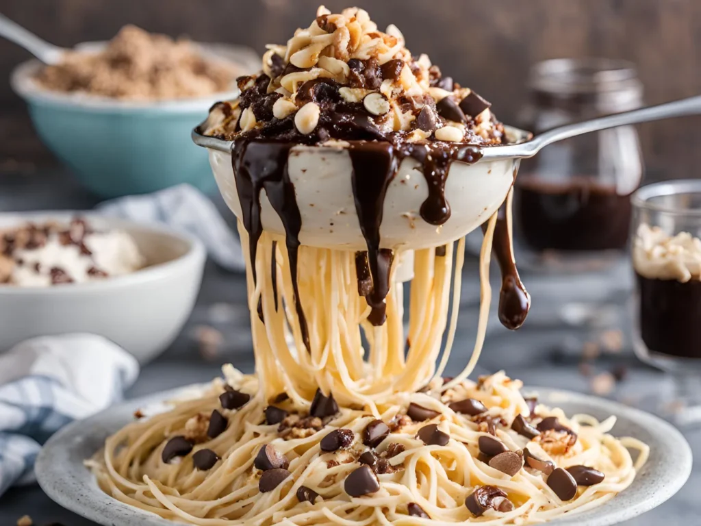 Variation of spaghetti ice cream with chocolate sauce, coconut flakes, and crushed nuts as toppings, offering a creative twist on the classic dessert.