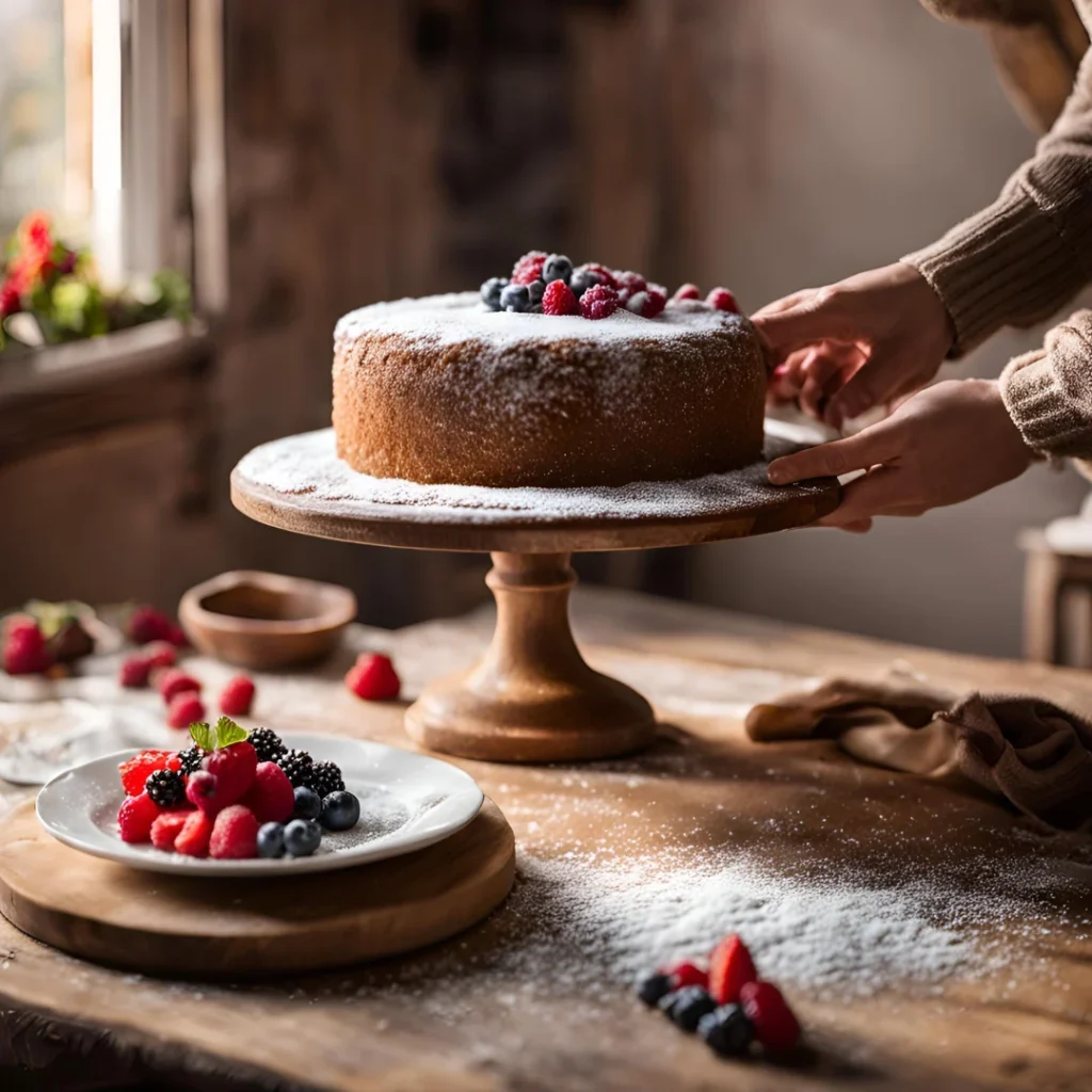 Decorating a vintage cake with powdered sugar and fresh berries, showcasing the minimalist and rustic style typical of traditional cake decoration.