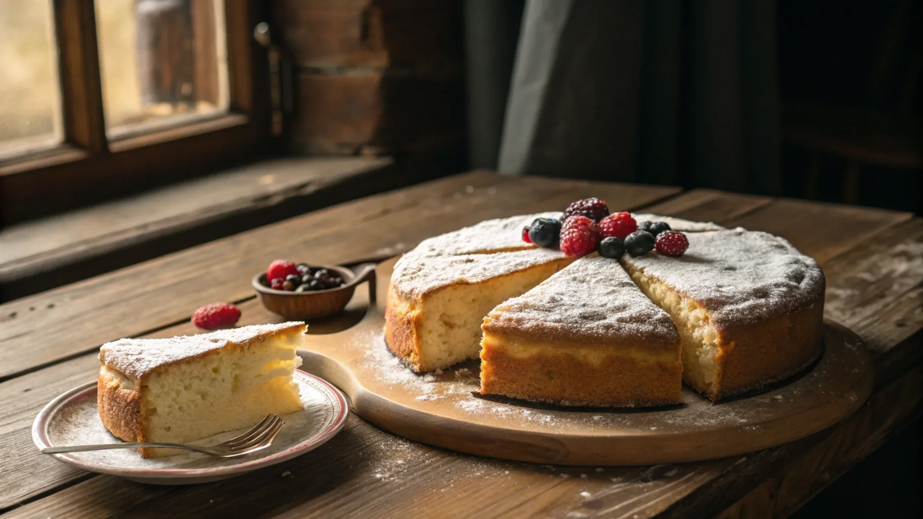 Delicious and rustic vintage cake with a light golden-brown crust and simple powdered sugar decoration, showing a soft, airy interior, perfect for a nostalgic dessert.