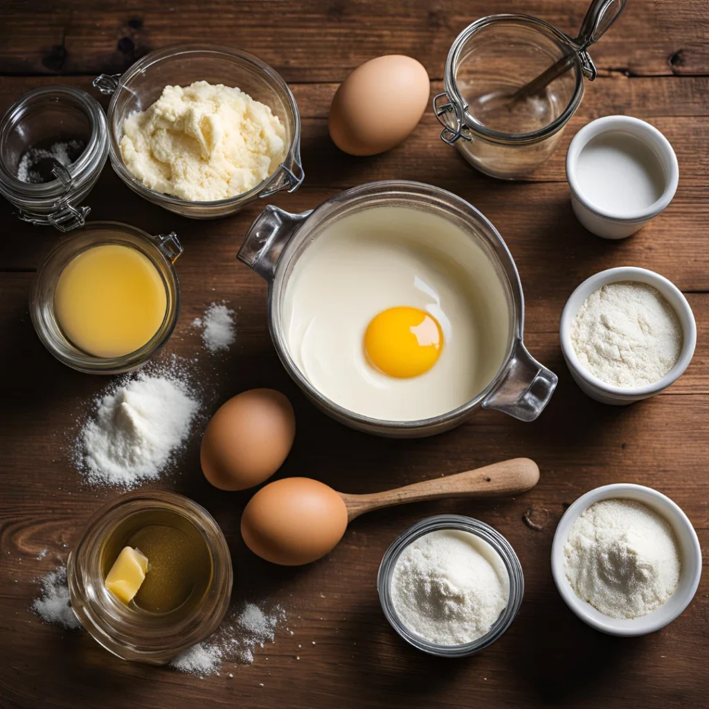 Basic ingredients for a vintage cake including butter, flour, eggs, and vanilla extract, capturing the simple and authentic essence of traditional cake baking