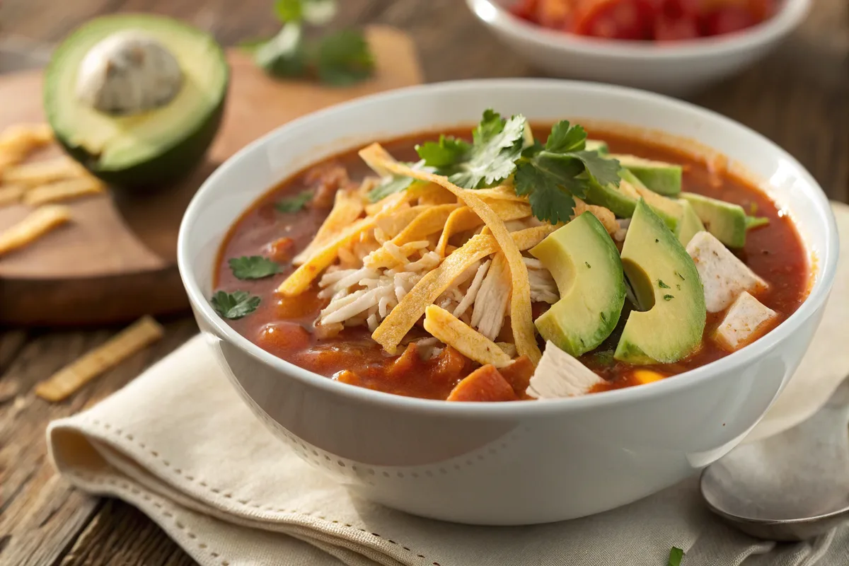 Chicken tortilla soup with toppings on a wooden table.