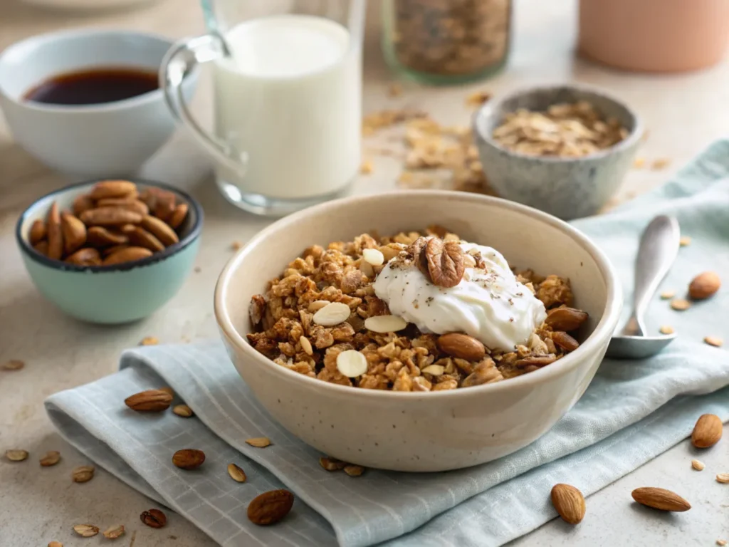 A bowl of vanilla nut granola topped with Greek yogurt, featuring crunchy oats, nuts, and seeds for a healthy and delicious breakfast