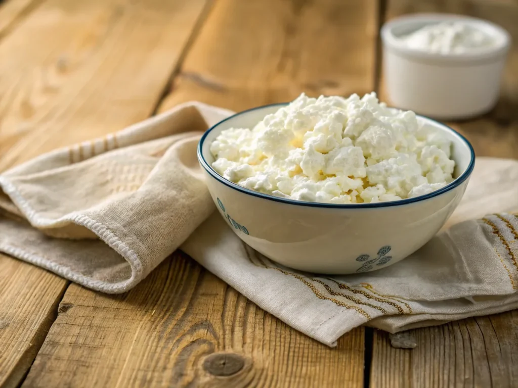 Strained cottage cheese in a bowl.