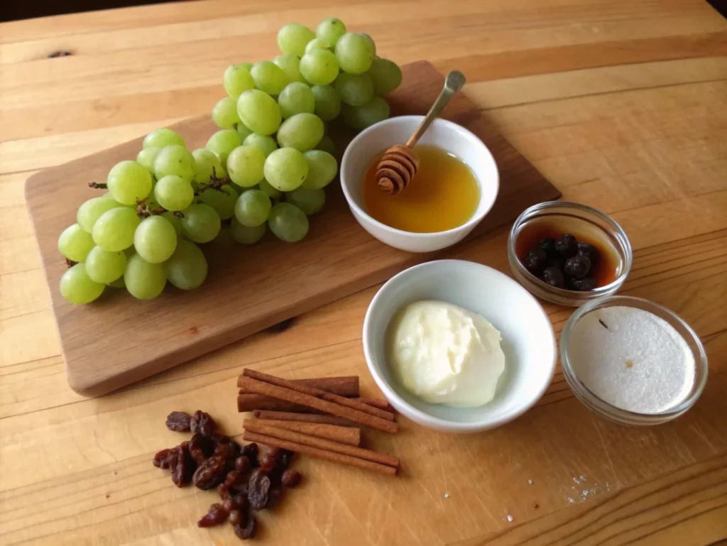 Ingredients for sour cream burnt grapes including fresh grapes, sour cream, honey, cinnamon, butter, olive oil, and salt on a wooden countertop.