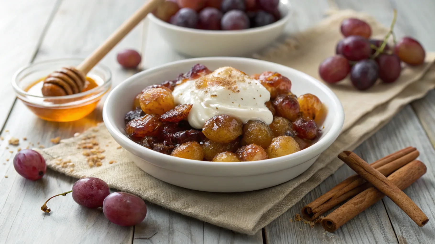 A finished dish of sour cream burnt grapes with caramelized grapes and a scoop of creamy sour cream, served with honey and cinnamon.